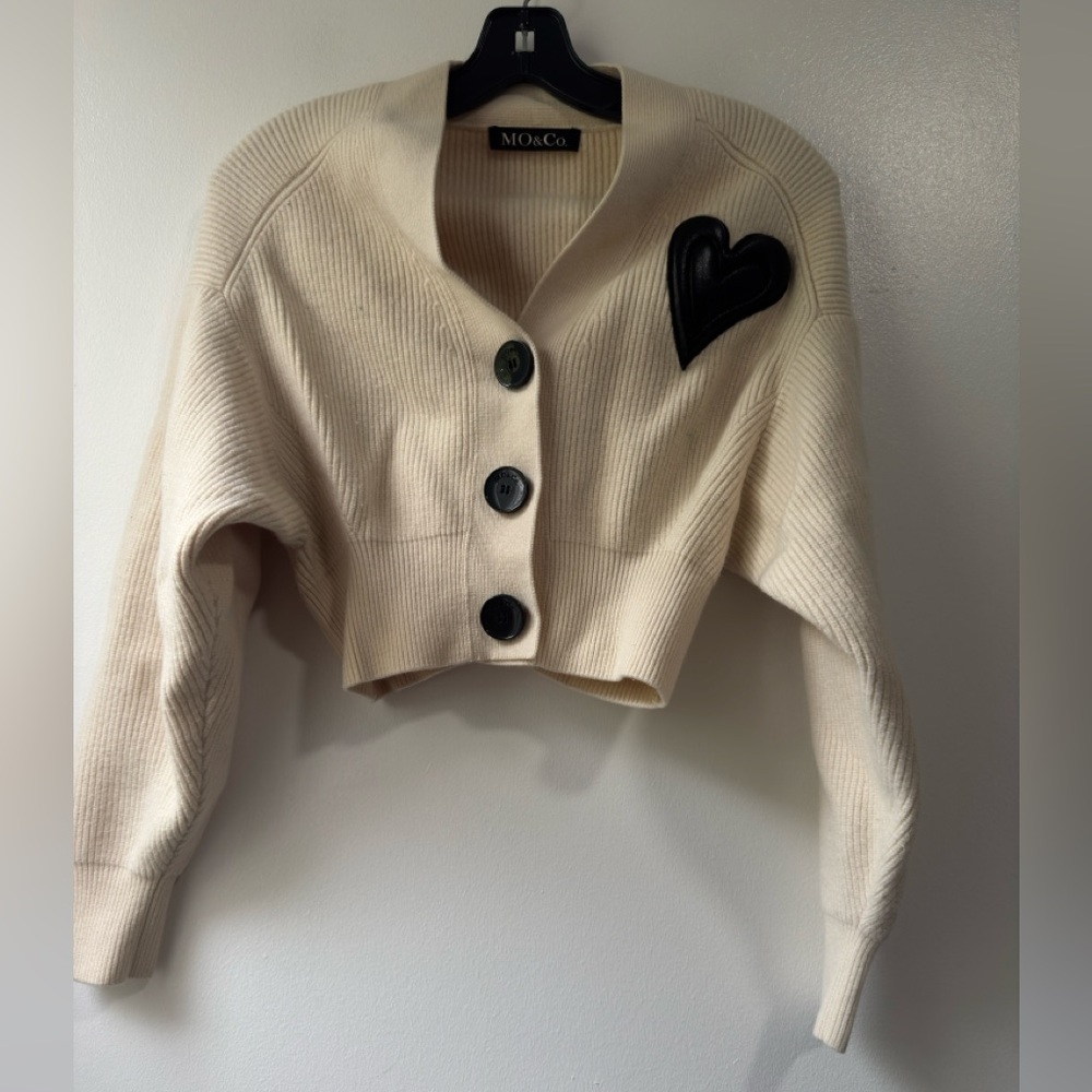 MO&Co Cream Cardigan with Black Heart Accent